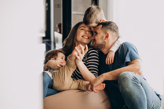 Familia sonriente en casa, representando el entorno donde SANA lifestyle ayuda a construir hábitos saludables